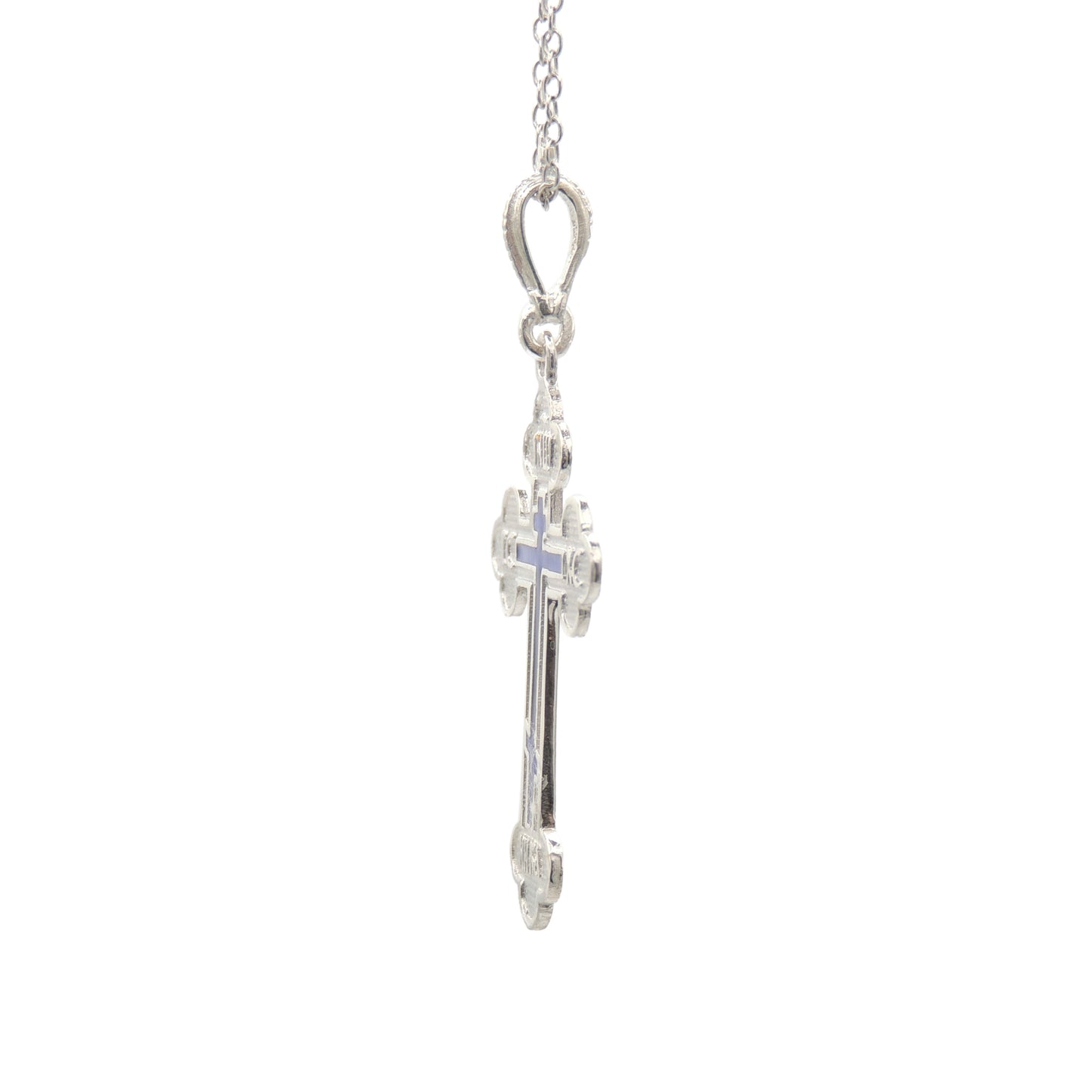 (.925 Sterling Silver) Budded Cross w/ Blue 3-Bar Center
