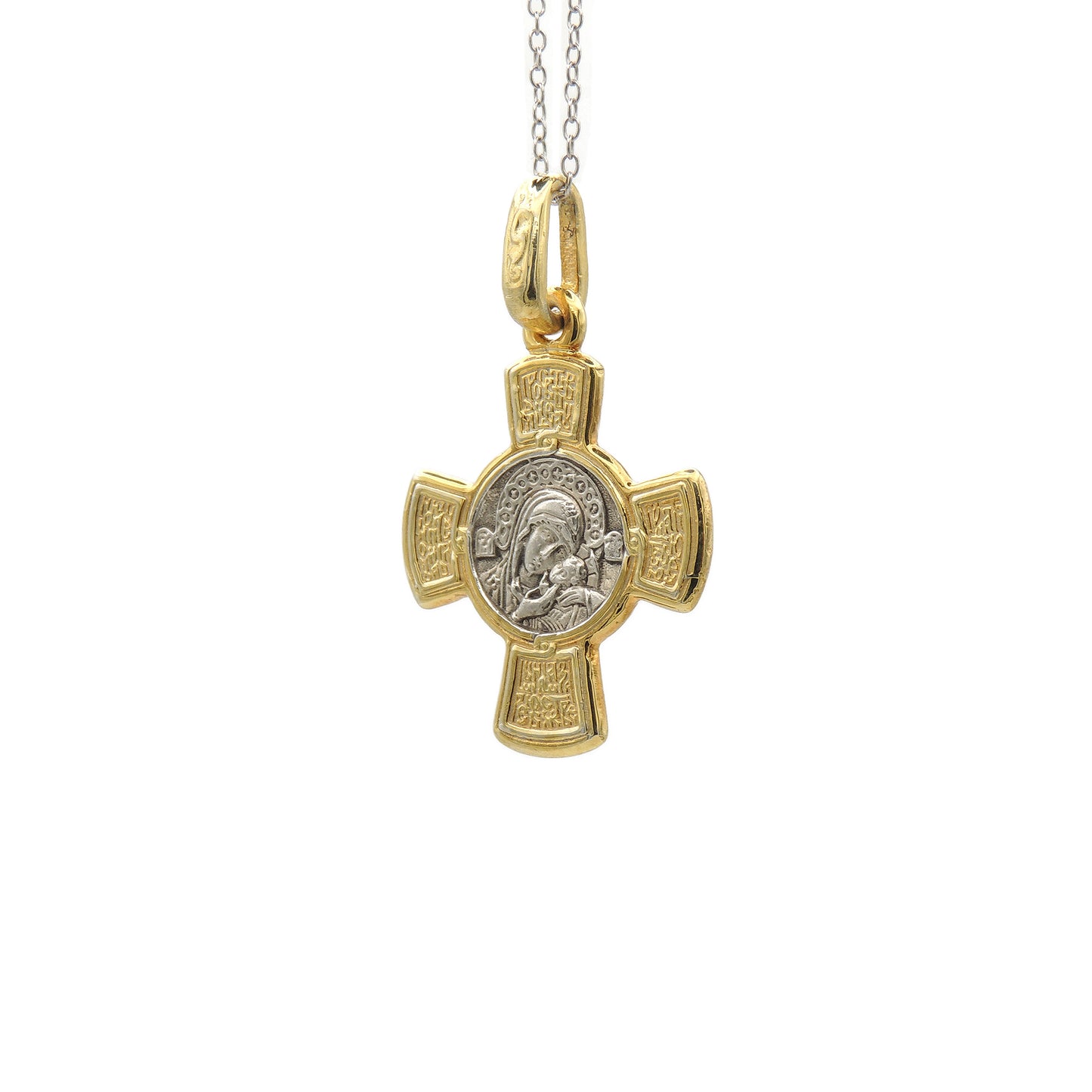 (.925 Sterling Silver & 22k Gold-Gilding) Cross, 2-Sided: Christ & Theotokos