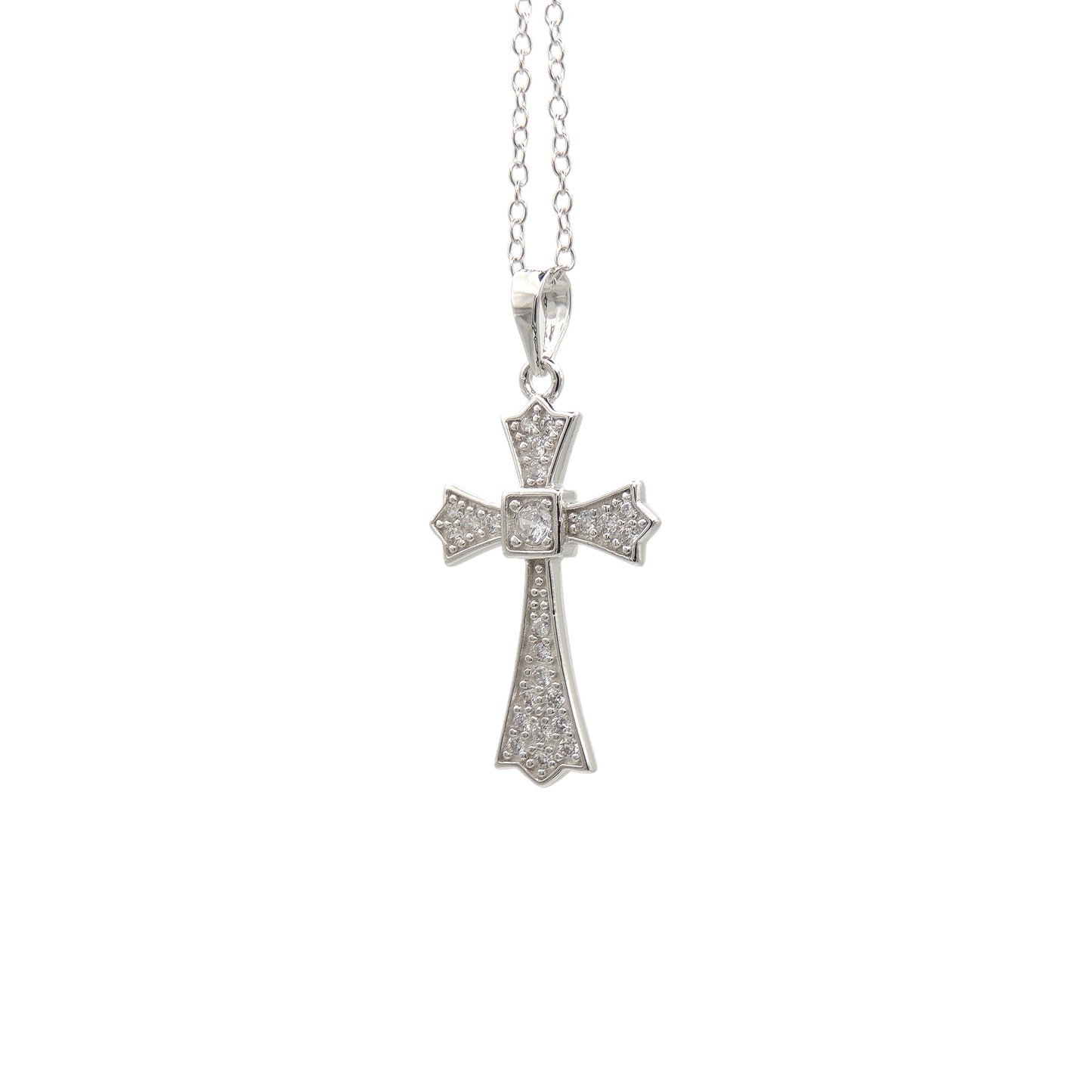 (.925 Sterling Silver) Cross w/ Cubic Zirconia & 18" Chain - Medium