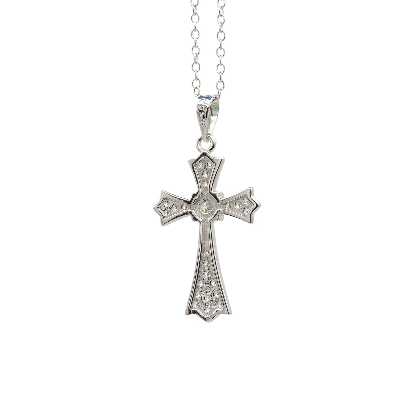 (.925 Sterling Silver) Cross w/ Cubic Zirconia & 18" Chain - Medium