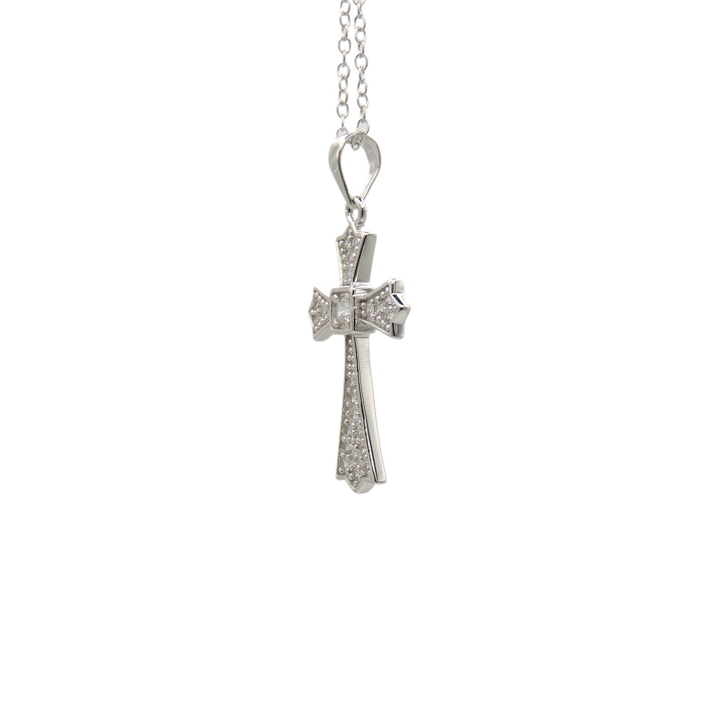 (.925 Sterling Silver) Cross w/ Cubic Zirconia & 18" Chain - Medium