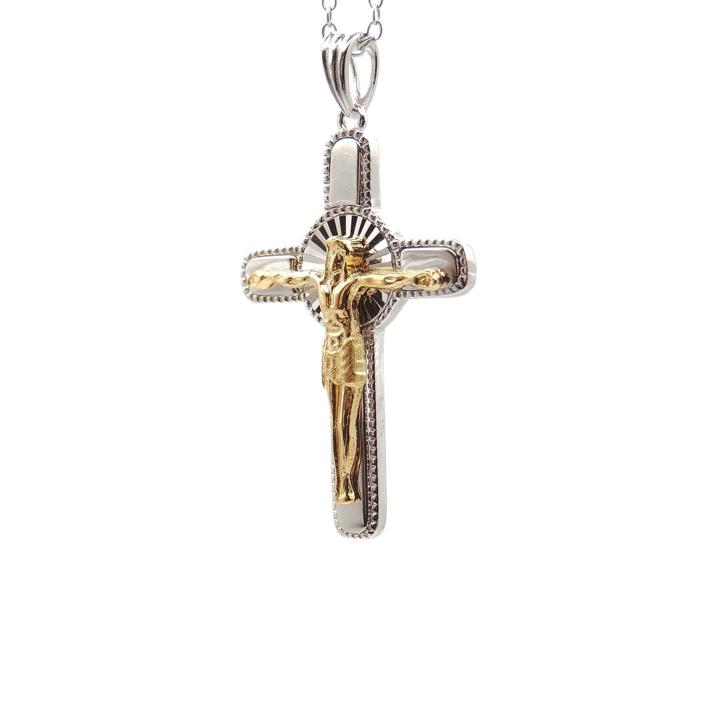 (.925 Sterling Silver) Crucifix (Thick) w/ Gold-Plated Christ - Medium