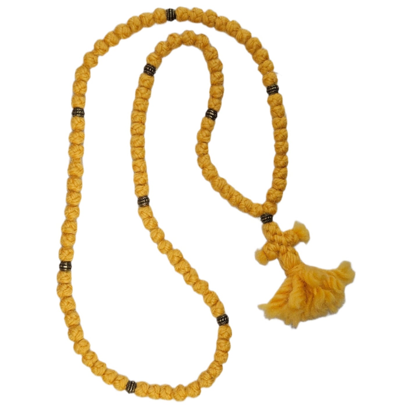 Yellow prayer rope with a small yellow cross on a white background