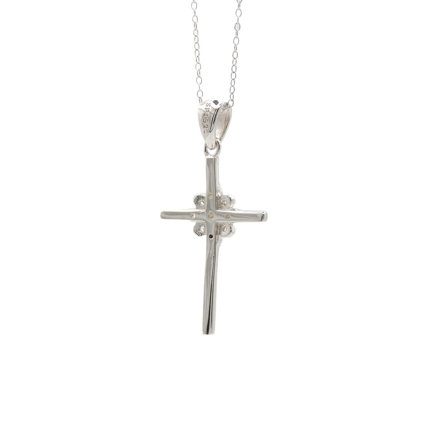 (.925 Sterling Silver) Flower Cross w/ Cubic Zirconia & 18" Chain