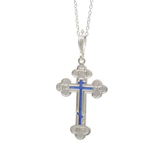 (.925 Sterling Silver) Budded Cross w/ Blue 3-Bar Center