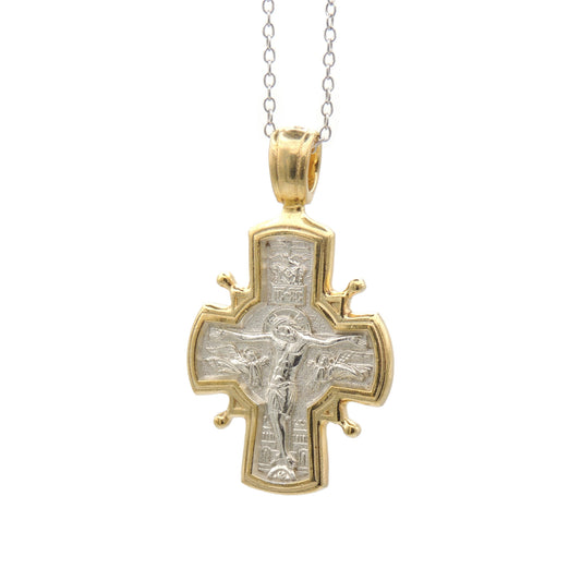 (.925 Sterling Silver w/ 22k Gold-Gilding) Cross, 2-Sided: Christ & Theotokos "Entrance to The Temple""