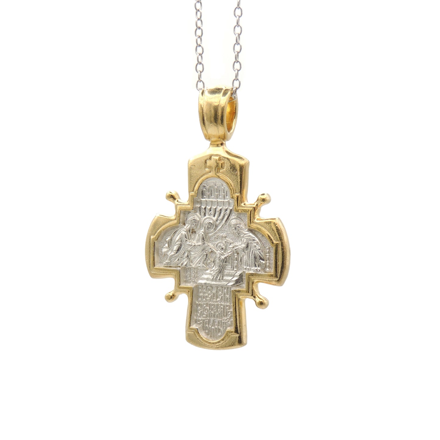 (.925 Sterling Silver w/ 22k Gold-Gilding) Cross, 2-Sided: Christ & Theotokos "Entrance to The Temple""