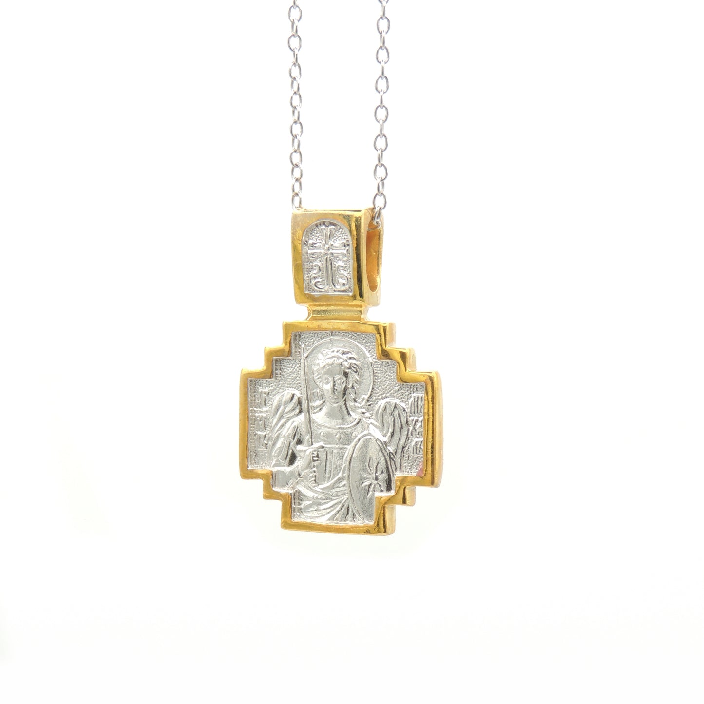 (.925 Sterling Silver w/ 22k Gold-Gilding) Archangel Michael Cross, 2-Sided