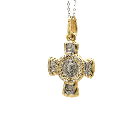 (.925 Sterling Silver & 22k Gold-Gilding) Cross, 2-Sided: Christ & Theotokos