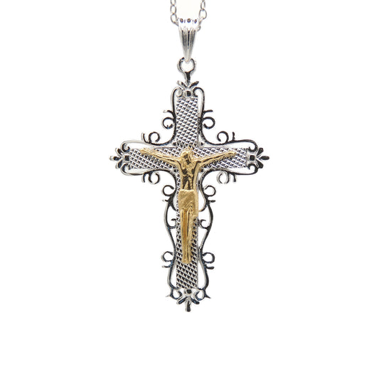 (.925 Sterling Silver) Crucifix w/ Gold-Plated Christ - Medium